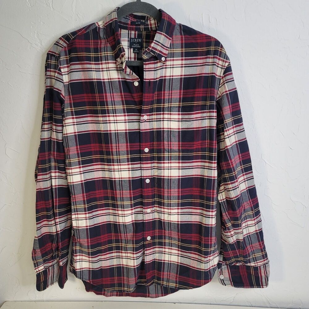 J.Crew Flex Oxford Shirt Mens Medium Slim Navy Red Plaid Button Up Cotton